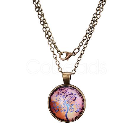 Tree Of Life Pattern Flat Round Glass Pendant Necklaces X-NJEW-N0051-048L-01-1