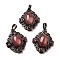 Synthetic Cherry Quartz Glass Rhombus Pendants, Red Copper Tone Brass Charms, 34x27x8mm, Hole: 8x5mm