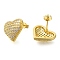 Rack Plating Heart Brass Pave Clear Cubic Zirconia Stud Earrings, Lead Free & Cadmium Free, Long-Lasting Plated, Real 18K Gold Plated, 14.5x16.5mm