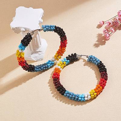 Boho Glass Seed Beaded Big Huggie Hoop Earrings for Women EJEW-SW00003-1