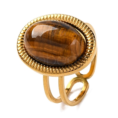 Oval Natural Tiger Eye Finger Rings RJEW-Q822-05G-1