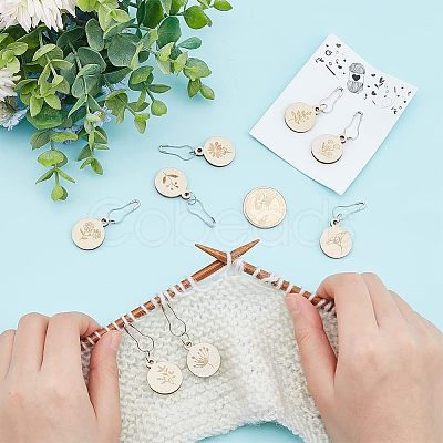 8Pcs 8 Style Flat Round with Flower Wood Charms Locking Stitch Marker HJEW-WH0042-32-1