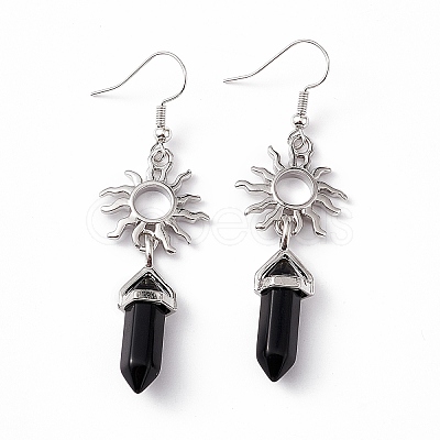 Natural Obsidian Bullet with Sun Dangle Earrings EJEW-I276-01P-10-1