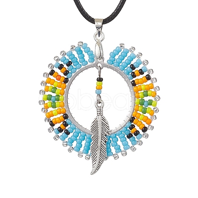 Boho Style Glass Seed Beads & Feather Alloy Pendant Necklaces NJEW-MZ00041-1