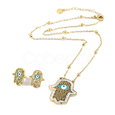 Ion Plating(IP) Hamsa Hand with Evil Eye Resin & Rhinestone Stud Earrings & Pendant Necklaces Sets SJEW-M100-06G-1