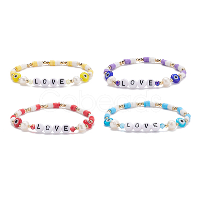 Love Word Acrylic & Heishi Polymer Clay Beaded Stretch Bracelet Sets BJEW-TA00069-1