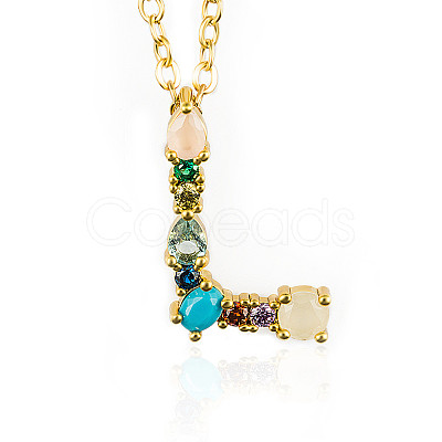 Golden Brass Micro Pave Cubic Zirconia Initial Pendants Necklaces NJEW-S069-JN002-L-1