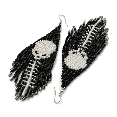 Boho Seed Bead Halloween Skeleton Tassel Earrings EJEW-Q380-04D-1