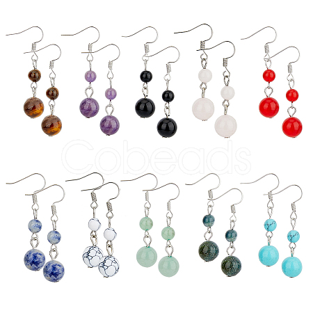 10 Pairs 10 Style Natural Mixed Gemstone Round Beaded Dangle Earrings EJEW-AN0002-06-1