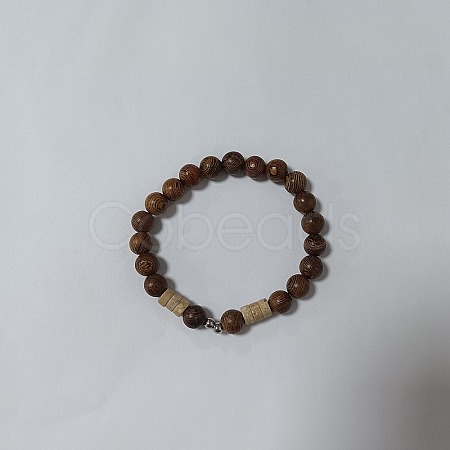 Natural Wood & Fossil & 304 Stainless Steel Beaded Stretch Bracelet BJEW-PH01508-1