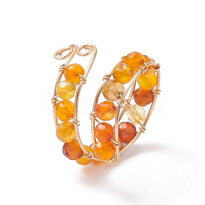 Dyed Natural Agate Round Beaded Open Cuff Ring RJEW-JR00561-1