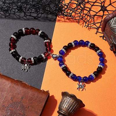 2Pcs 10mm Round Blue Cat Eye & Red Glass & Black Glass Beaded Stretch Bracelet Sets for Lover BJEW-JB10325-04-1