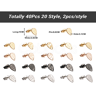 PandaHall Jewelry 40Pcs 20 Style 304 Stainless Steel Stud Earring Findings STAS-PJ0001-23-1