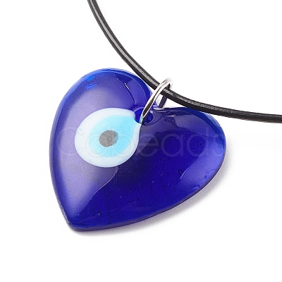 Heart with Evil Eye Lampwork Pendant Necklace with Leather Cord for Women NJEW-JN03924-01-1