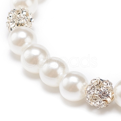 ABS Plastic Pearl & Brass Round Beaded Stretch Bracelet with Clear Rhinestone for Women BJEW-JB08523-02-1