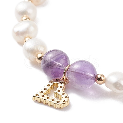 Natural Amethyst & Pearl Beaded Bracelet with Cubic Zirconia Heart Charm BJEW-JB08167-01-1