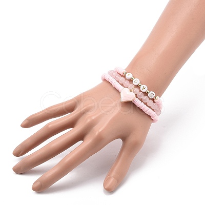 3Pcs 3 Style Natural Rose Quartz & Acrylic Word Love Beaded Stretch Bracelets Set with Alloy Enamel Heart Charms BJEW-JB08924-02-1