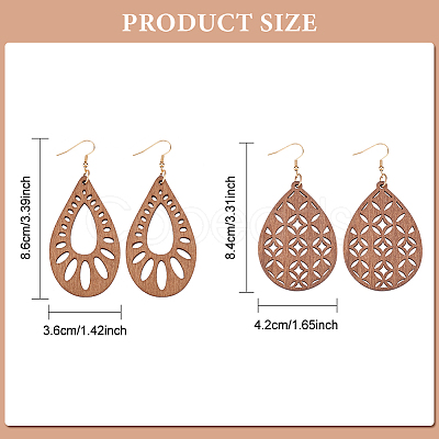 ANATTASOUL 2 Pairs 2 Style Natural Wood Hollow Out Teardrop Dangle Earrings EJEW-AN0001-54-1