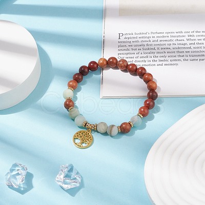 Natural Flower Amazonite & Wood & Synthetic Hematite Stretch Bracelet with Brass Tree of Life BJEW-JB08405-1