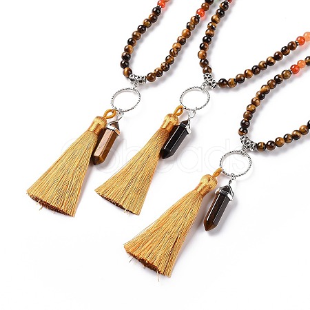 Natural Tibetan Agate Bullet & Tassel Pendant Necklace with Mixed Gemstone Beaded Chains NJEW-E585-02B-1