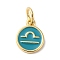 Real 18K Gold Plated Brass Enamel Charms, with Jump Ring, Long-Lasting Plated, Lead Free & Cadmium Free, Flat Round with Libra Charms, Dark Cyan, 10x8x1mm, Hole: 4mm