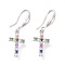 Brass Micro Pave Cubic Zirconia Dangle Earrings, Cross, Colorful, Platinum, 29mm, Pin: 1mm