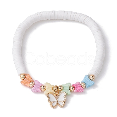 Polymer Clay Heishi Surfer Stretch Bracelet with Acrylic Butterfly Charms BJEW-JB09915-01-1