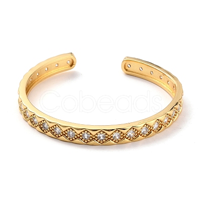 Real 18K Gold Plated Rhombus Pattern Grooved Brass Cufff Bangle BJEW-D448-07G-RS-1