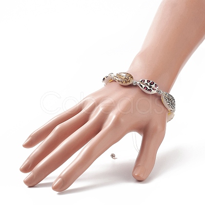 Animal Skin Printed Natural Cowrie Shell & Polymer Clay Braided Bead Bracelet with Rhinestone BJEW-JB09205-1