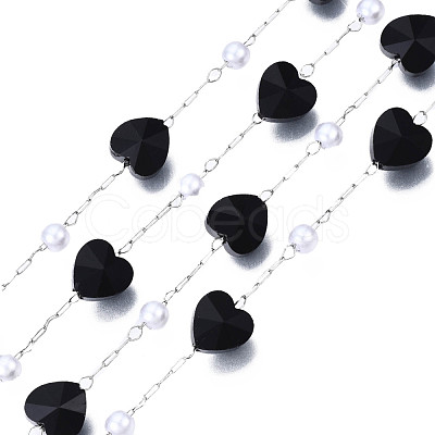 Glass Heart & ABS Plastic Pearl Beaded Chains CHS-N003-06C-1