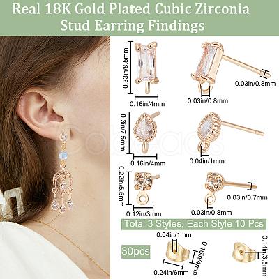 Beebeecraft 30Pcs 3 Style Brass Cubic Zirconia Stud Earring Findings KK-BBC0012-68-1