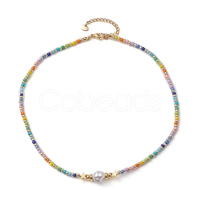 Plastic Imitation Pearl & 201 Stainless Steel Star & Seed Beaded Bracelet NJEW-JN04649-02-1