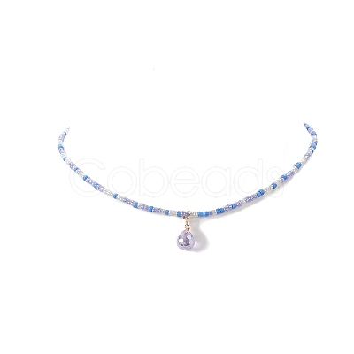 Glass Teardrop Pendant Necklace with Seed Beaded Chains for Women NJEW-JN04260-1