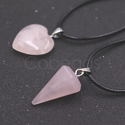 2Pcs 2 Style Heart & Cone Natural Rose Quartz Pendant Necklaces Sets PW-WG47736-01-1