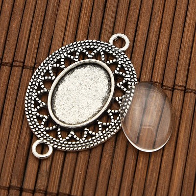 Tibetan Style Alloy Connector Cabochon Bezel Settings and Oval Transparent Glass Cabochons DIY-X0206-AS-1