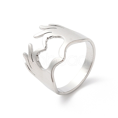 Non-Tarnish 304 Stainless Steel Hand Heart Open Cuff Ring for Women RJEW-K245-45P-1