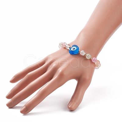 Heart with Evil Eye Lampwork Stretch Bracelet with Glass Beads for Women BJEW-JB08103-1