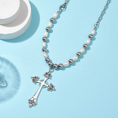 Natural Pearl with Cross Alloy Pendant Necklaces NJEW-JN04813-1