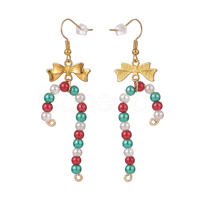 Glass Christmas Candy Cane with Alloy Bowknot Dangle Earrings EJEW-JE04971-01-1