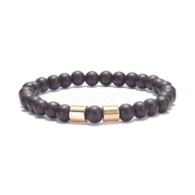 Natural Wood Round Beaded Stretch Bracelet with Synthetic Hematite for Men Women BJEW-JB07549-1