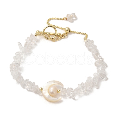 Crescent Mooon Natural Quartz Crystal & Shell & Pearl Beaded Bracelets BJEW-C051-45G-1