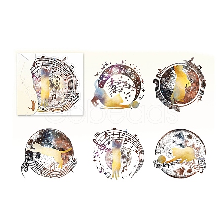 5Pcs 5 Styles Bling Bling PET Waterproof Musical Cat Decorative Stickers PW-WG55458-06-1