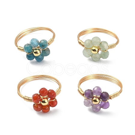 4Pcs 4 Style Natural Mixed Gemstone Beaded Flower Finger Rings Set RJEW-TA00074-1