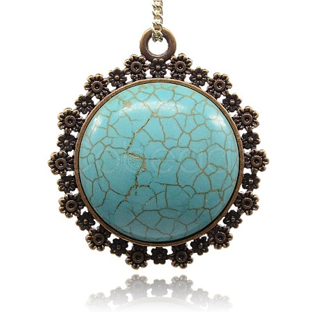 Red Cooper Plated Alloy Synthetic Turquoise Flat Round Pendants PALLOY-J229-02R-NF-1