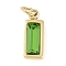 Glass Pendants, with Ion Plating(IP) 304 Stainless Steel Findings, Manual Polishing, with Jump Ring, Rectangle Charms, Real 18K Gold Plated, Yellow Green, 11x4x3.5mm, Hole: 2.5mm