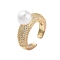 Rack Plating Brass Micro Pave Cubic Zirconia Open Cuff Rings for Women, with Round ABS Imitation Pearl, Cadmium Free & Lead Free, Long-Lasting Plated, Real 18K Gold Plated, Round: 8.5mm, Adjustable