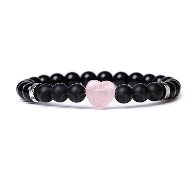 Natural Rose Quartz & Glass Heart Beaded Stretch Bracelet PW-WG20984-04-1