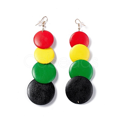 Retro Style Wood Flat Round Beaded Dangle Earrings EJEW-G320-01A-1