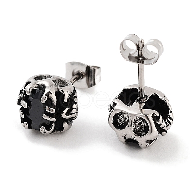 Halloween Skull 316 Surgical Stainless Steel Pave Black Cubic Zirconia Stud Earrings for Women Men EJEW-Z050-12AS-1