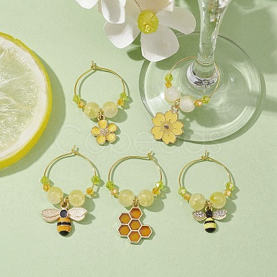 Bees & Honeycomb Alloy Enamel Wine Glass Charms AJEW-JO00220-1